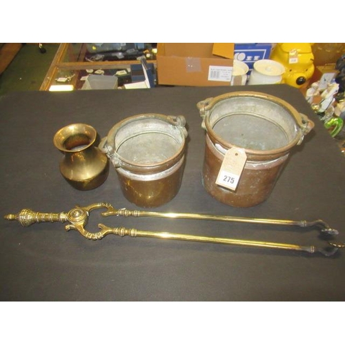 275 - TWO COOKING POTS, BRASS VASE AND FIRE TONGS