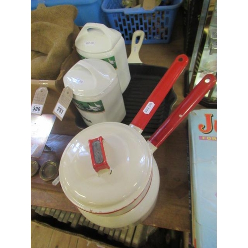 297 - TWO KITCHEN CONTAINERS WITH IRON GRIDDLE AND ENAMEL PAN