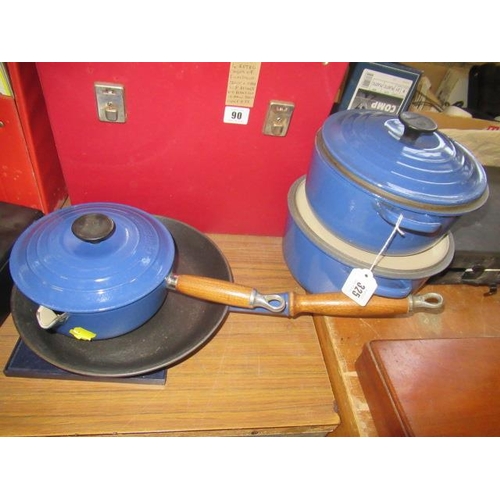 325 - FOUR BLUE LE CREUSET POTS AND PANS