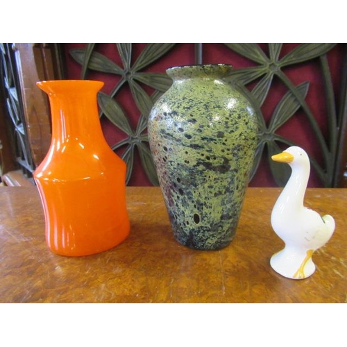 343 - SWEDISH ART GLASS VASE A MOSSY VASE AND CERAMIC DUCK