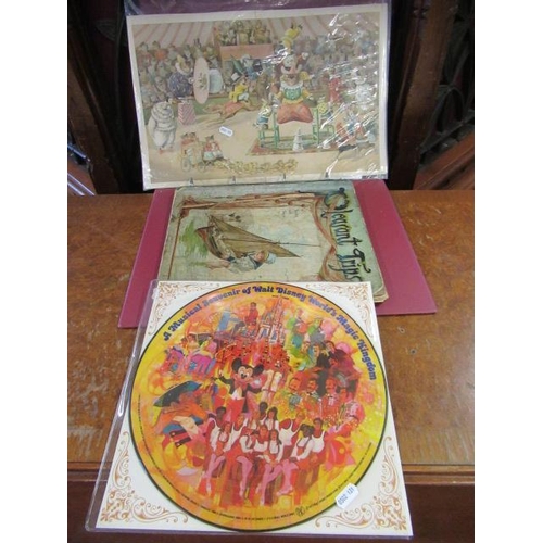 359 - VINTAGE FOLDER CONTAINING A CHILDRENS BOOK, COLOURED PRINTS AND A DISNEY LP RECORD