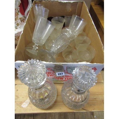 362 - TWO DECANTERS AND A BOX OF ASSORTED GLASS