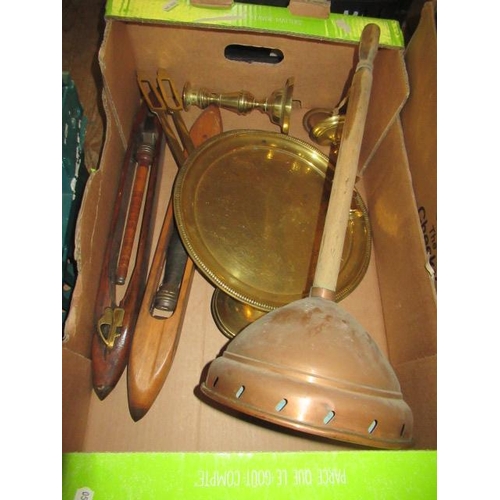 382 - BOX OF BRASS AND COPPERWARE ETC