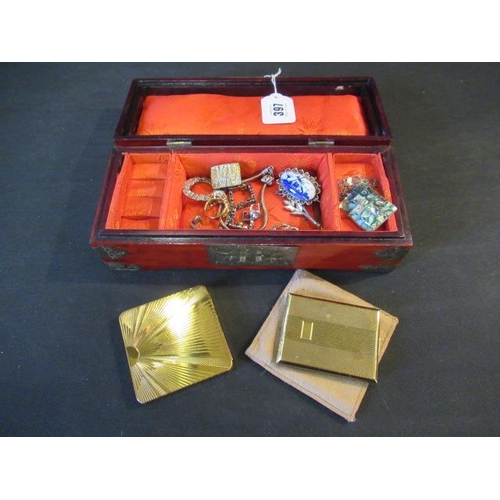 397 - JEWELLERY BOX AND CONTENTS INCLUDING COMPACTS