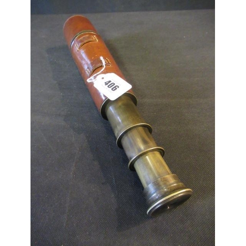 406 - JOHN BARKER AND CO FOUR DRAW LEATHER BOUND BRASS TELESCOPE