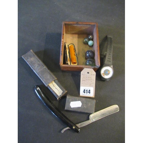 414 - AMBER CIGARETTE HOLDER AND CUT THROAT RAZOR ETC