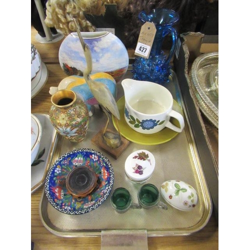 427 - TRAY OF MISCELLANEOUS ITEMS INCLUDING RAKU STONEWARE ELEPHANT AND HOBNAIL BLUE GLASS VASE