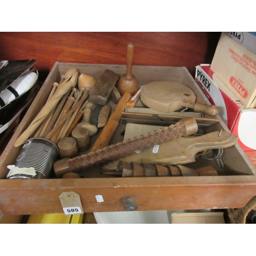 505 - BOX OF TREEN KITCHENALIA INCLUDING BUTTER PATS