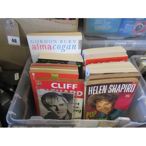 51 - BOX OF VINTAGE ROCK AND ROLL BOOKS WITH ADAM FAITH SIGNED PHOTO