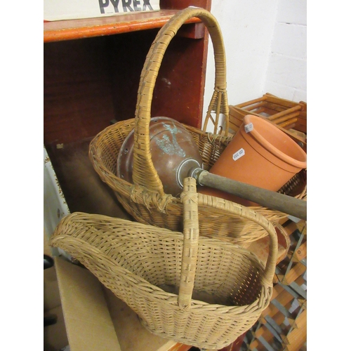 512 - WICKER BASKET WITH POSSER AND EARTHENWARE WINE COOLER ETC