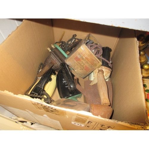 534 - BOX OF FLAT AND OTHER IRONS