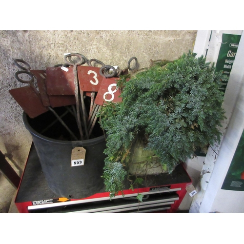 553 - COMPOSITE GARDEN PLANTER AND A BUCKET OF METAL ROMAN NUMERALS ETC