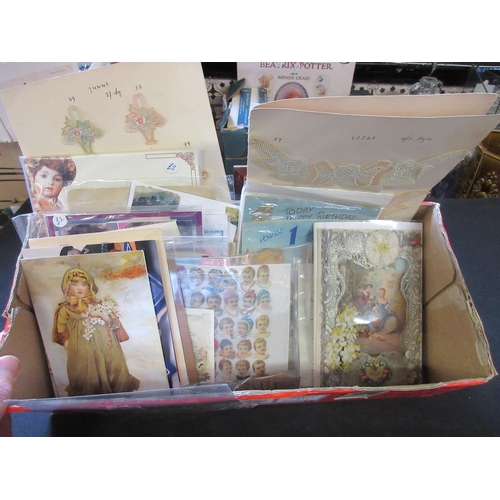 594 - QUANTITY OF POSTCARDS AND DECOUPAGE SCRAPS AND ANTIQUE VALENTINES CARD