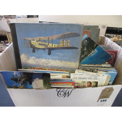 596 - BOX OF STAMP AND CIGARETTE CARD ALBUMS AND POSTCARDS