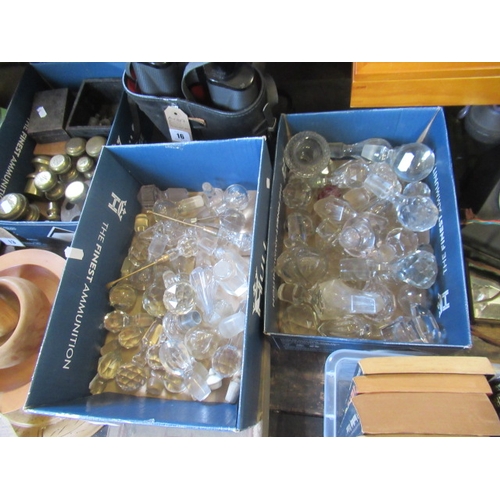 18 - TWO BOXES OF GLASS DECANTERS AND BOTTLE STOPS ETC