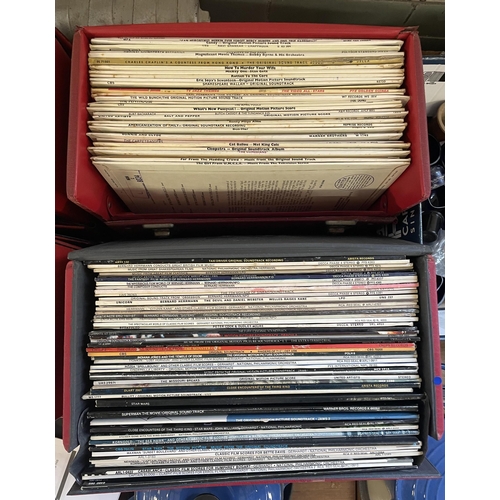 90 - FOUR RETRO CASES OF FILM SOUND TRACK AND OTHER LP RECORDS INCLUDING BEDAZZLED AND MAN FROM UNCLE ETC