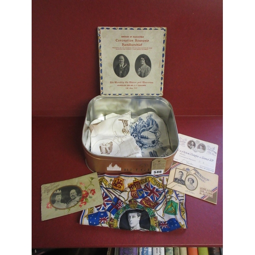 546 - TIN OF CORONATION SOUVENIRS INCLUDING EDWARD VII AND GEORGE VI HANDKERCHIEFS