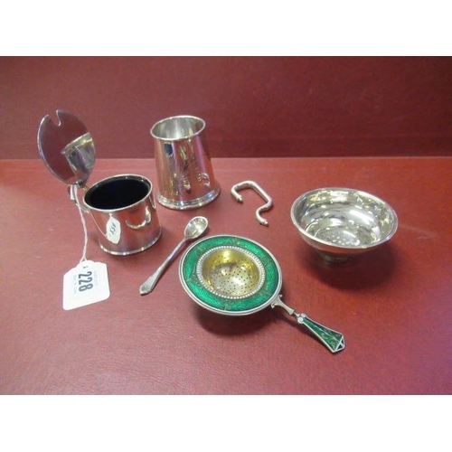 228 - SILVER AND ENAMEL TEA STRAINER , MUSTARD ETC