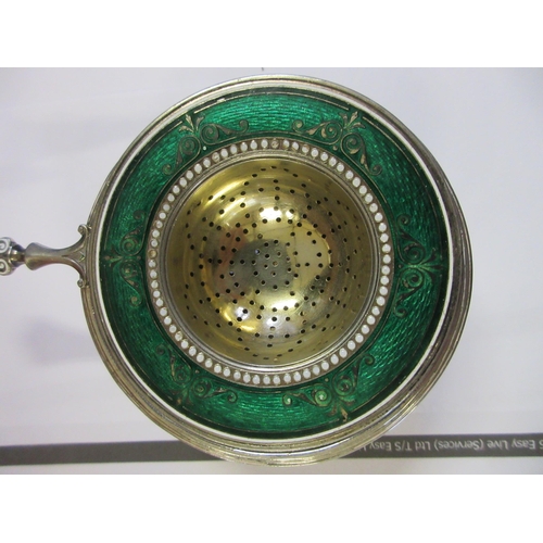 228 - SILVER AND ENAMEL TEA STRAINER , MUSTARD ETC