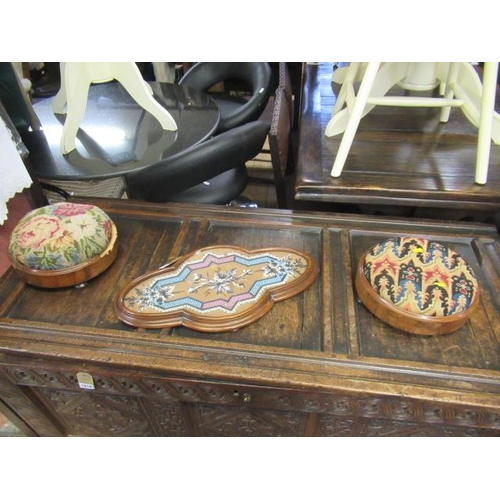 1015 - TWO SMALL TAPESTRY FOOTSTOOLS AND A BEADED WOODEN TRAY