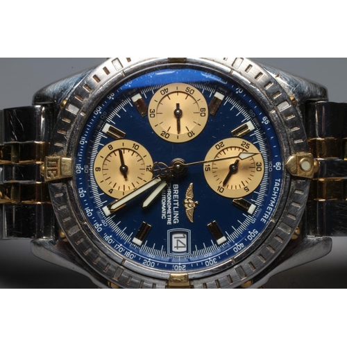 159 - A GENTLEMAN'S BREITLING AUTOMATIC CHRONOMETRE, the blue dial with three gilt subsidiary dials, centr... 