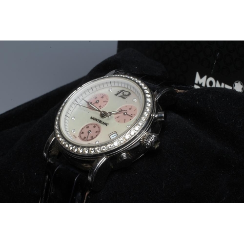 161 - A LADY'S MONTBLANC DIAMOND ARTISAN MEISTERSTUCK CHRONOGRAPH, the mother-of-pearl dial with three fur... 