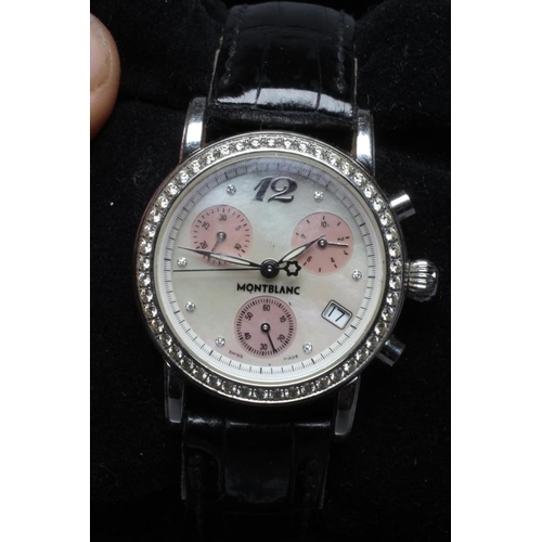 161 - A LADY'S MONTBLANC DIAMOND ARTISAN MEISTERSTUCK CHRONOGRAPH, the mother-of-pearl dial with three fur... 