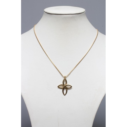 195 - AN 18CT GOLD PENDANT as a stylised open flowerhead, hung on an 18ct gold box link chain necklace, ma... 