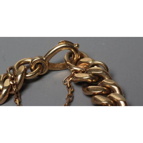 196 - A FLAT CURB LINK CHAIN BRACELET stamped 375/9, with linked snaffle panel to centre, with hinged hear... 