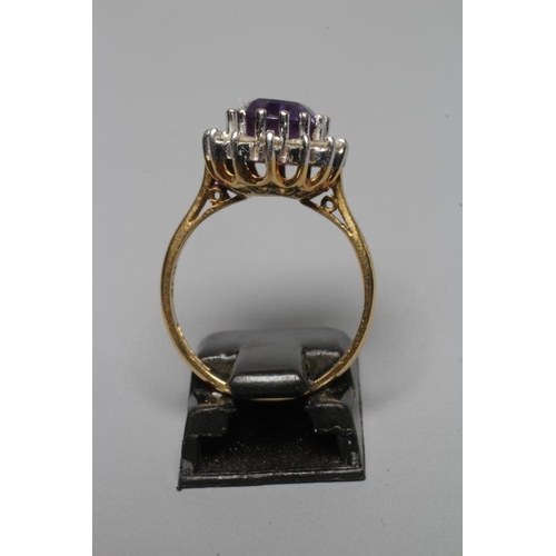 218 - AN AMETHYST AND DIAMOND CLUSTER RING, the oval facet cut amethyst claw set to a border of fourteen s... 