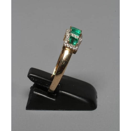 229 - AN EMERALD AND DIAMOND TRIPLE CLUSTER RING, the three square cut emeralds claw set to borders of sma... 