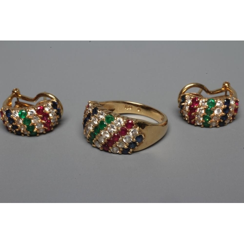 278 - A MULTI-GEM DRESS RING AND MATCHING EARRINGS, the domed oval boss ring point set with alternating ro... 