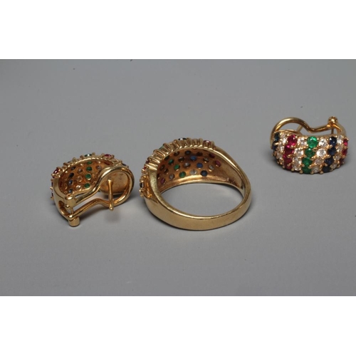 278 - A MULTI-GEM DRESS RING AND MATCHING EARRINGS, the domed oval boss ring point set with alternating ro... 