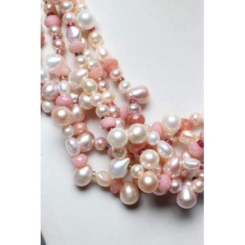 320 - A MODERN FRESHWATER PEARL TORSADE NECKLACE with Peruvian pink opal and tourmaline bead spacers, with... 