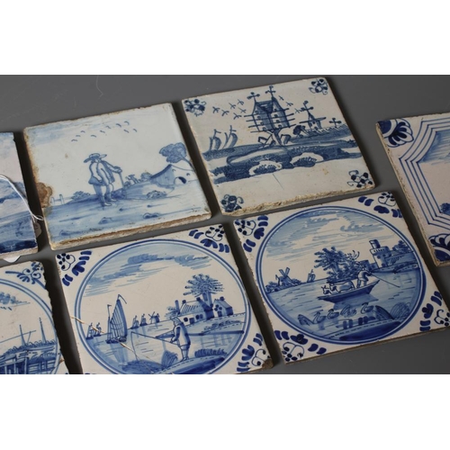 34 - EIGHT DEFLT TILES, various dates and places of origin, all painted in blue, including three with rim... 