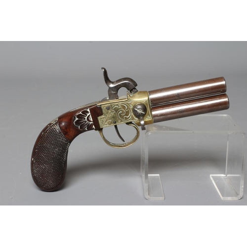 394 - A PERCUSSION TAP ACTION DOUBLE BARRELLED PISTOL with 2 3/4