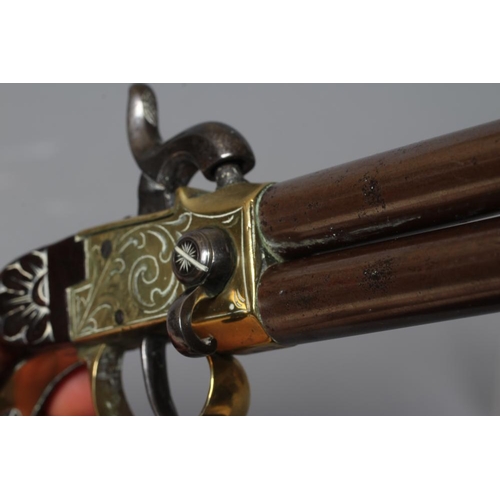 394 - A PERCUSSION TAP ACTION DOUBLE BARRELLED PISTOL with 2 3/4