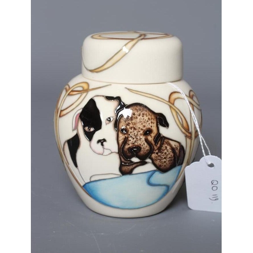 46 - A MOORCROFT POTTERY HAPPY STAFFIES JAR AND COVER, 2019, designed by Vicky Lovatt, impressed and sign... 