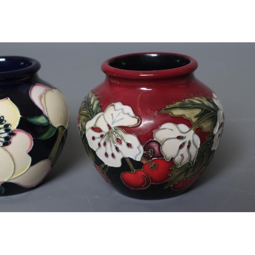 47 - THREE MOORCROFT POTTERY SMALL VASES all of squat globular form and comprising Cherry Blossom, 2012, ... 