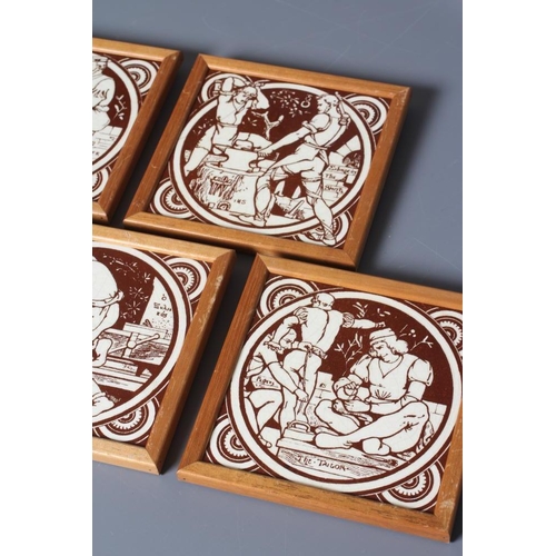 61 - A SET OF FIVE VICTORIAN MINTONS TILES printed in brown after Moyr Smith with Carpenter, Smith, Tailo... 