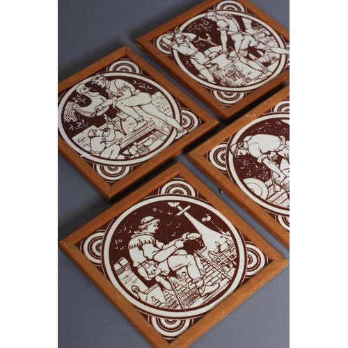 61 - A SET OF FIVE VICTORIAN MINTONS TILES printed in brown after Moyr Smith with Carpenter, Smith, Tailo... 