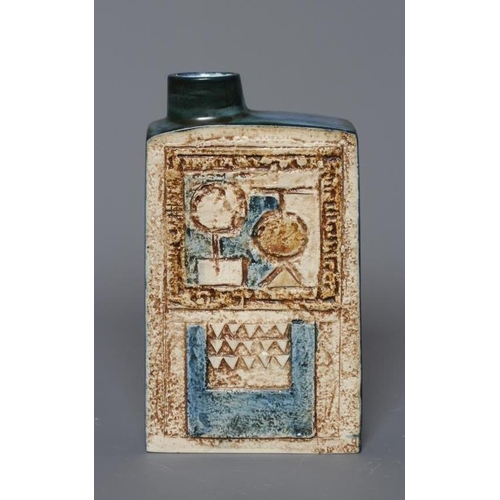 67 - A TROIKA CHIMNEY VASE by Linda Thomas, incised and decorated in shades of brown and blue with abstra... 