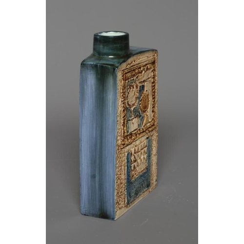 67 - A TROIKA CHIMNEY VASE by Linda Thomas, incised and decorated in shades of brown and blue with abstra... 