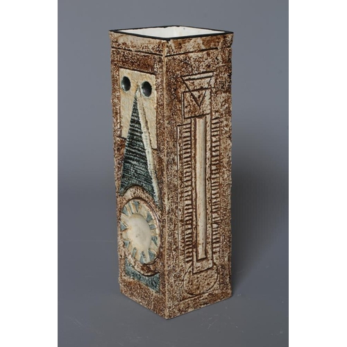 68 - A TROIKA VASE by Avril Bennett, of plain square section, decorated in shades of brown and blue with ... 