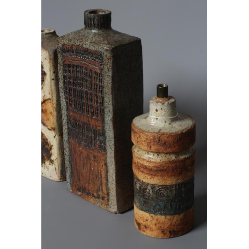 69 - ALAN WALLWORK (1931-2019) THREE STONEWARE ELECTRIC LAMP BASES, one cylindrical with alternating stri... 