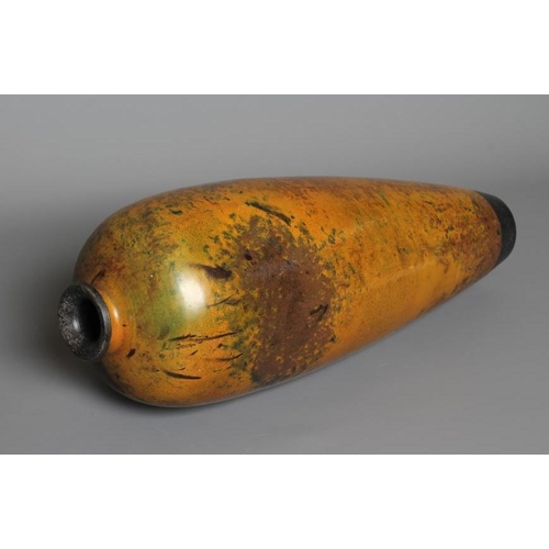 73 - ANDREW HILL (b.1964) A TALL STONEWARE VASE of flared rounded form with mottled bronze, copper and gr... 