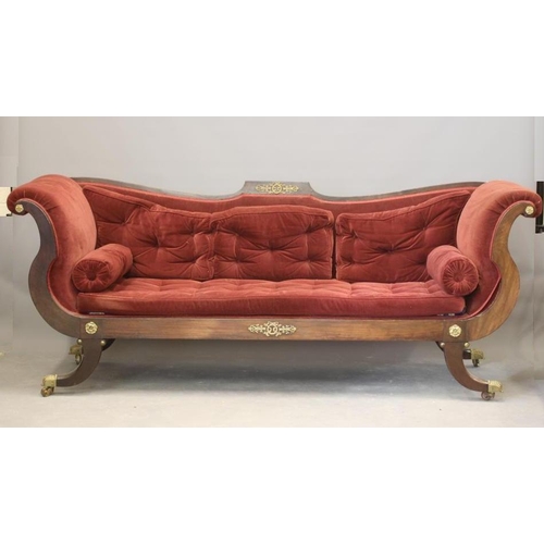 823 - A REGENCY MAHOGANY SCROLL END SOFA, early 19th century, with gilt brass mounts later upholstered in ... 