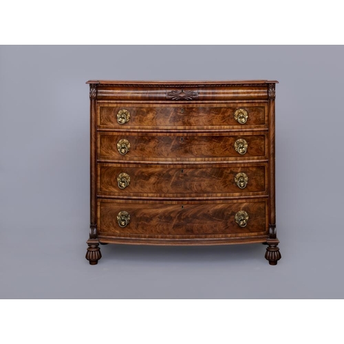 824 - A REGENCY FIGURED MAHOGANY BOW FRONT CHEST, early 19th century, the moulded edged and banded top ove... 