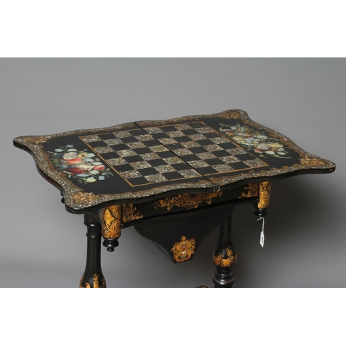 827 - A VICTORIAN PAPIER MACHE WORK/GAMES TABLE, third quarter 19th century, the oblong serpentine top pai... 