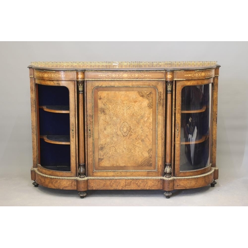 829 - A VICTORIAN BURR WALNUT CREDENZA, third quarter 19th century, of D form with foliate marquetry and g... 